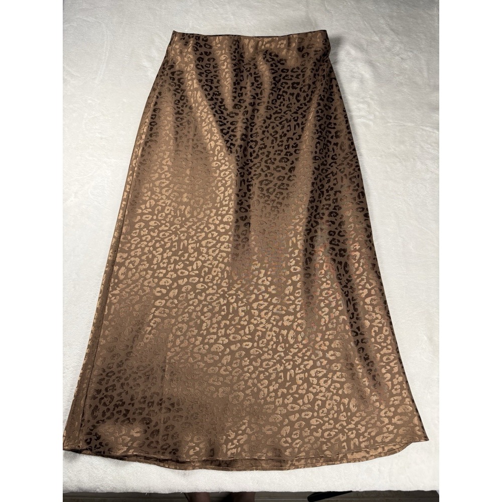 Mi Ami Brown Leopard Jacquard Satin Midi Skirt Women's Small A-Line Pull On